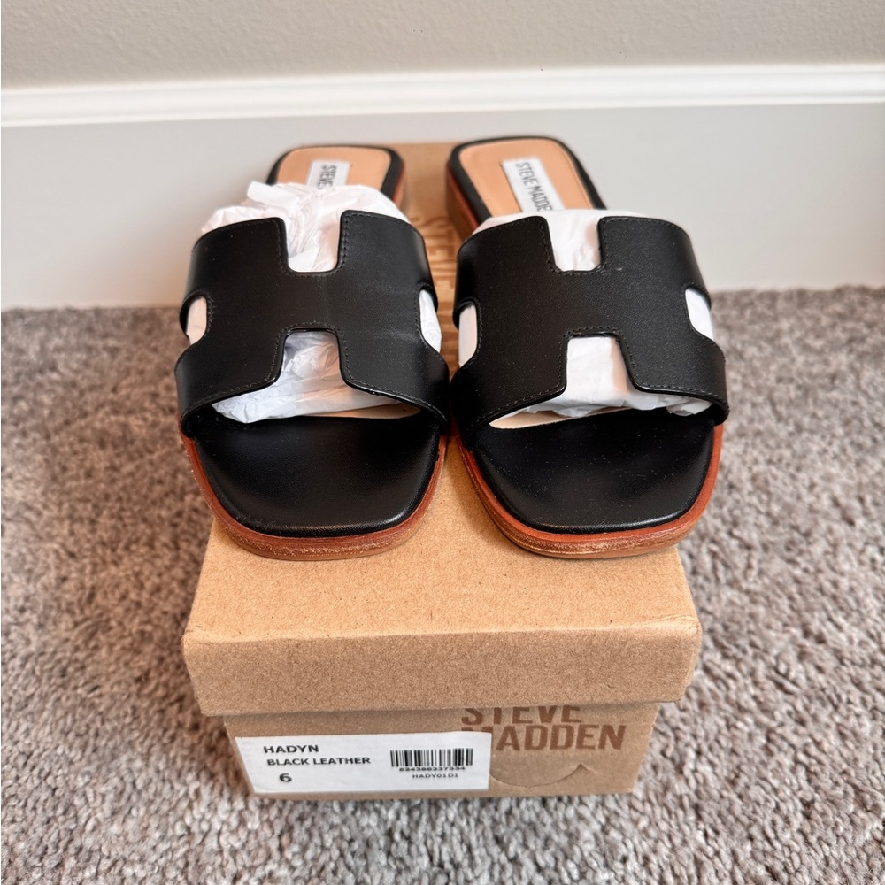 Steve Madden Black Leather Slide Sandals